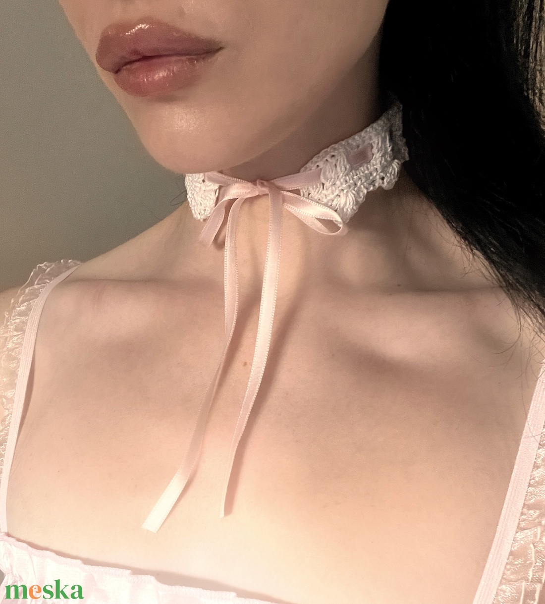 Vintage Choker - horgolt nyakpánt, szatén szalaggal - ékszer - nyaklánc - nyakpánt, gallér - Meska.hu
