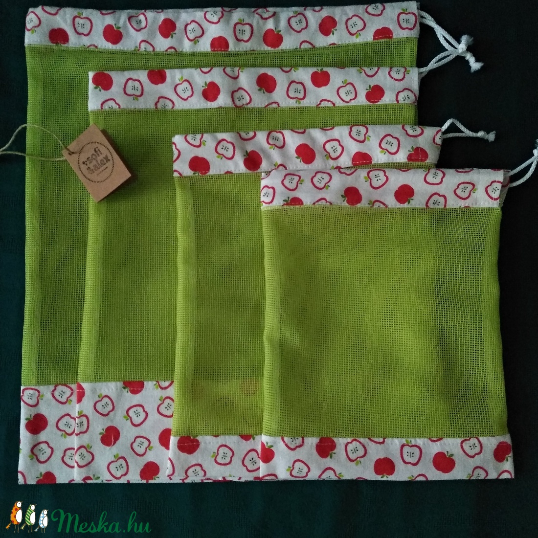 Alma mintás zöld szütyő - táska & tok - bevásárlás & shopper táska - zöldség/gyümölcs zsák - Meska.hu