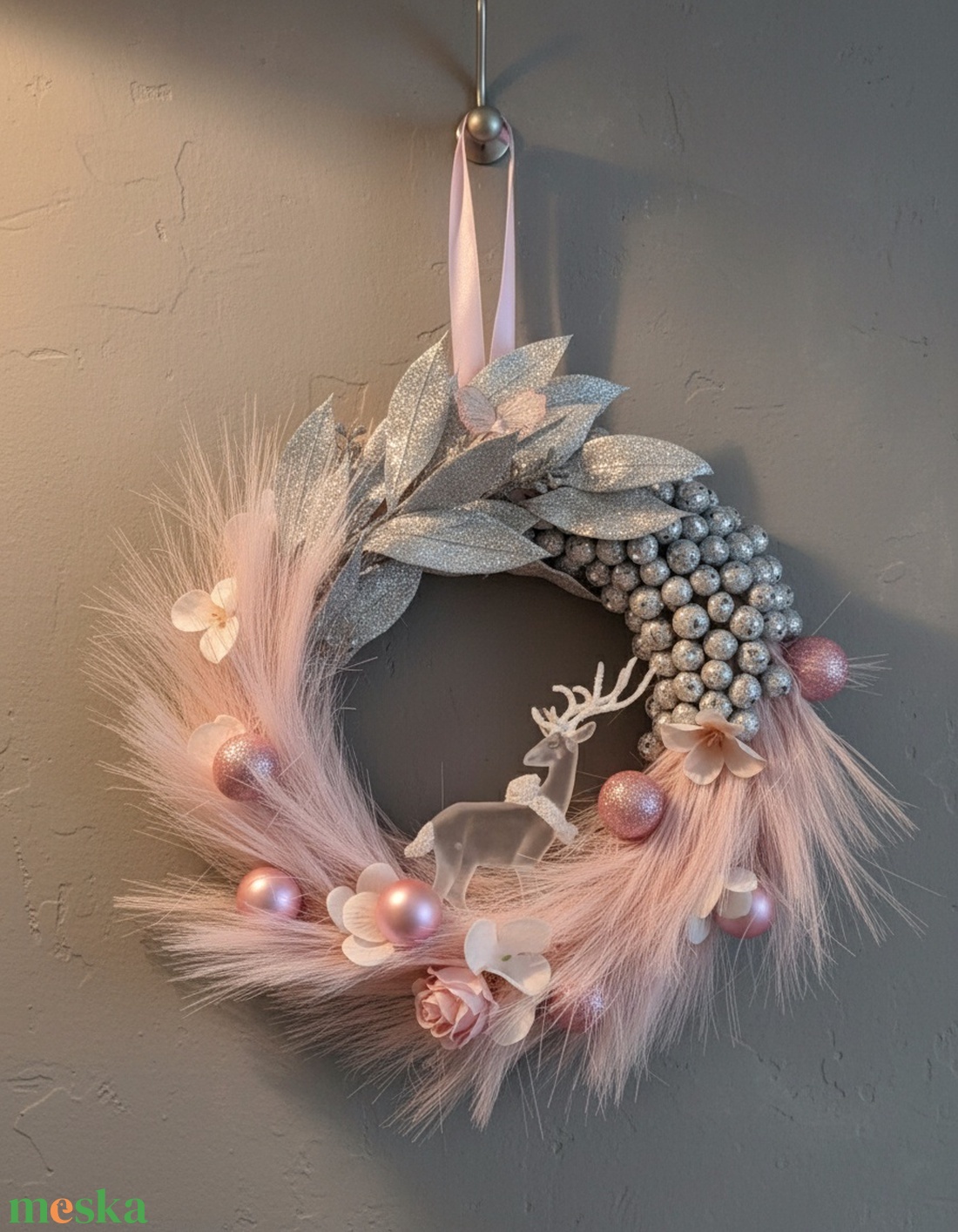Rózsaszín-ezüst ajtódísz - karácsony - adventi díszek - adventi ajtódísz - Meska.hu