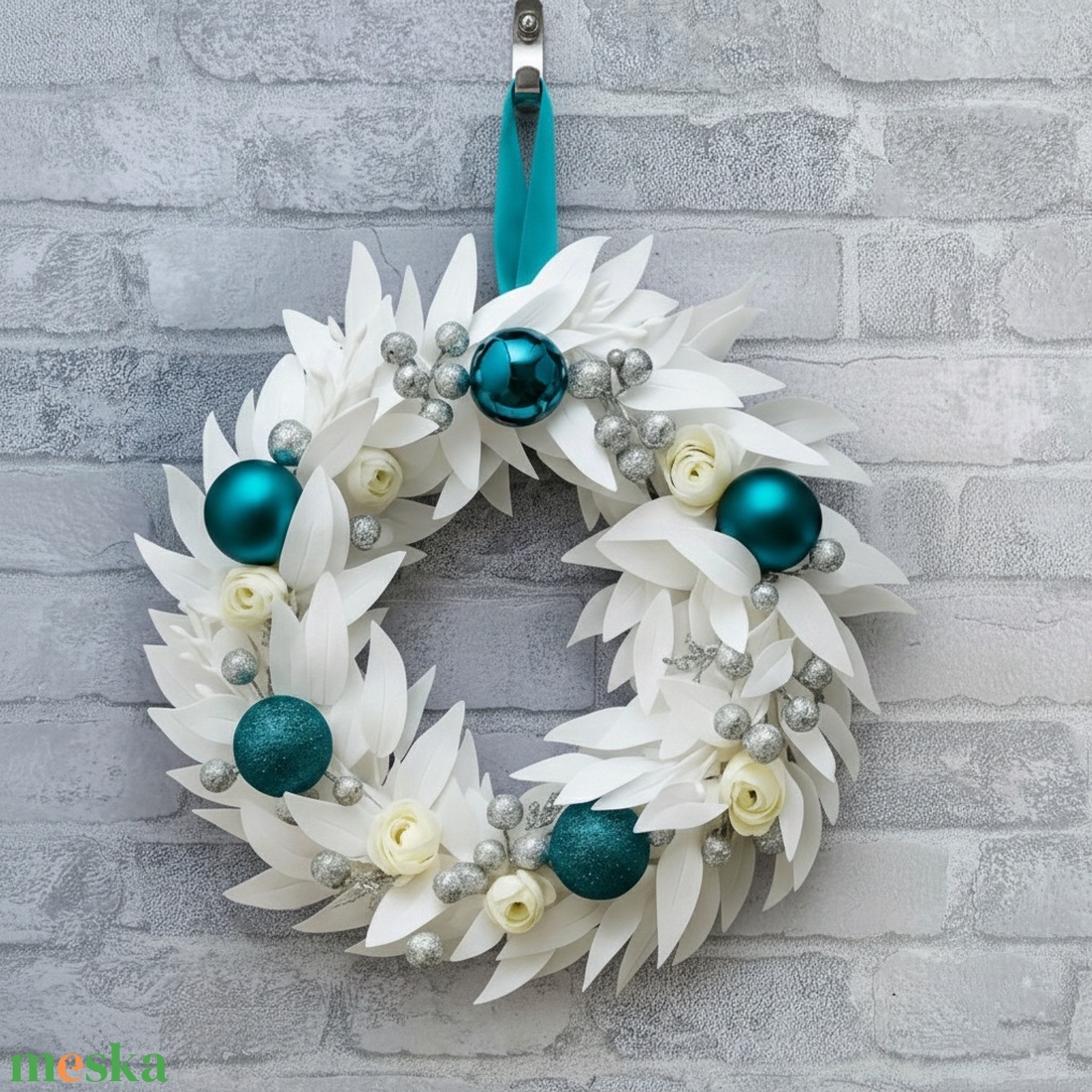 Fehér-kék ajtódísz - karácsony - adventi díszek - adventi ajtódísz - Meska.hu