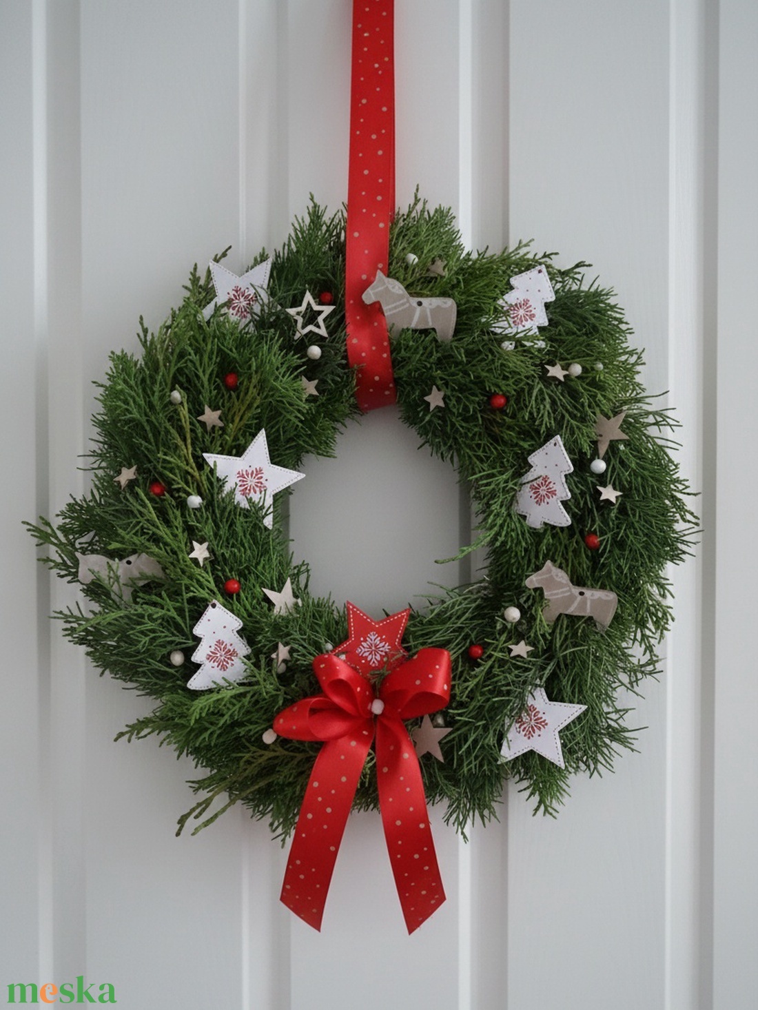 Piros-fehér ajtódísz - karácsony - adventi díszek - adventi ajtódísz - Meska.hu