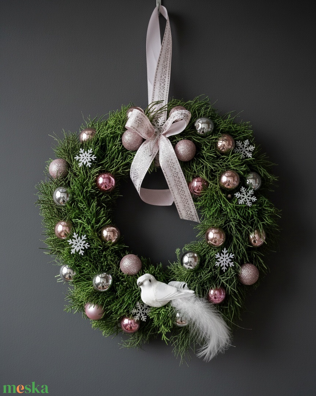 Rózsaszín, madaras koszorú - karácsony - adventi díszek - adventi ajtódísz - Meska.hu