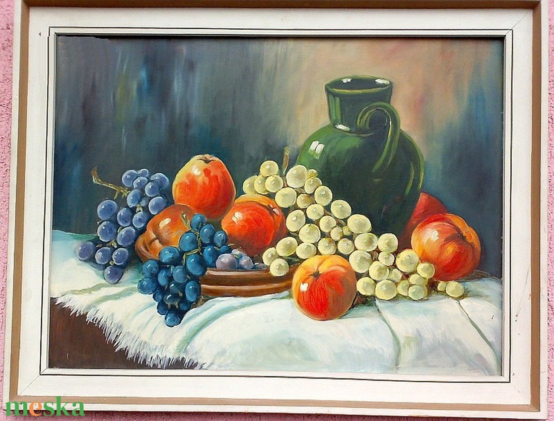 Gyümölcs csendélet, szőlővel, és almával Hollandiából, keretezett festmény - művészet - festmény - olajfestmény - Meska.hu