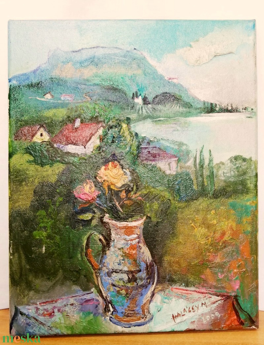 Halácsy Mária: Rózsa csendélet, hegyvidéki falu hátérrel. Modern festmény - művészet - festmény - olajfestmény - Meska.hu Halácsy Mária: Rózsa csendélet, hegyvidéki falu hátérrel. Modern festmény - művészet - festmény - olajfestmény - Meska.hu