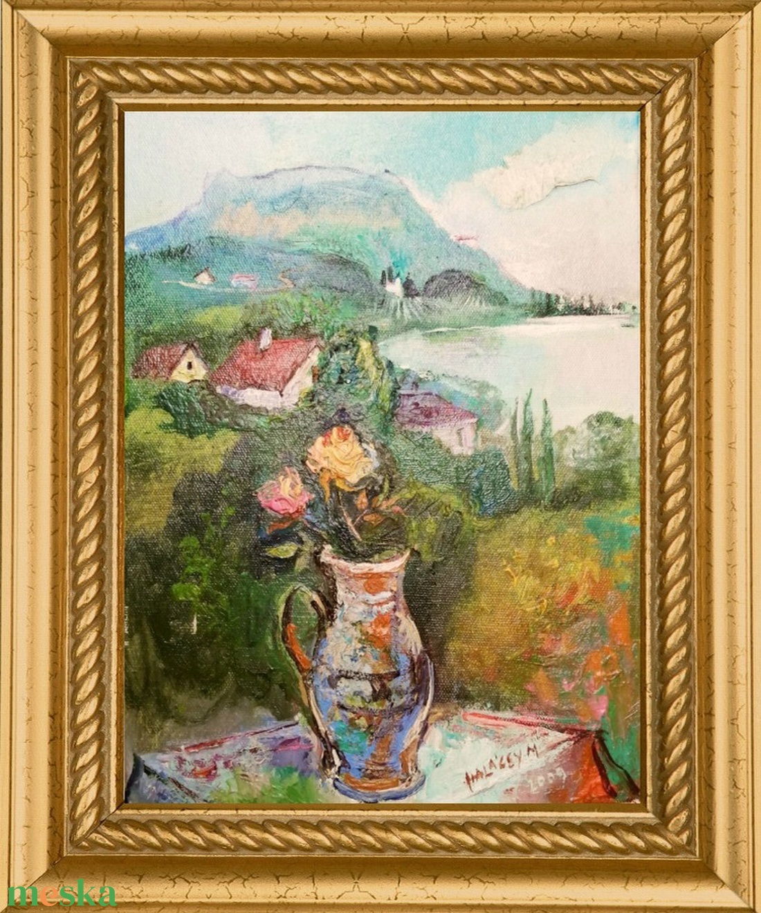 Halácsy Mária: Rózsa csendélet, hegyvidéki falu hátérrel. Modern festmény - művészet - festmény - olajfestmény - Meska.hu Halácsy Mária: Rózsa csendélet, hegyvidéki falu hátérrel. Modern festmény - művészet - festmény - olajfestmény - Meska.hu