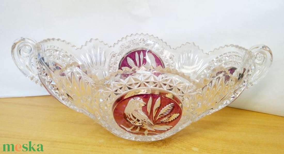 Énekes madaras kristály gyümölcstál, Hofbauer Crystal Co. Bajorország 1950-es évek - otthon & életmód - dekoráció - asztal és polc dekoráció - dekorációs tál, tartó - Meska.hu