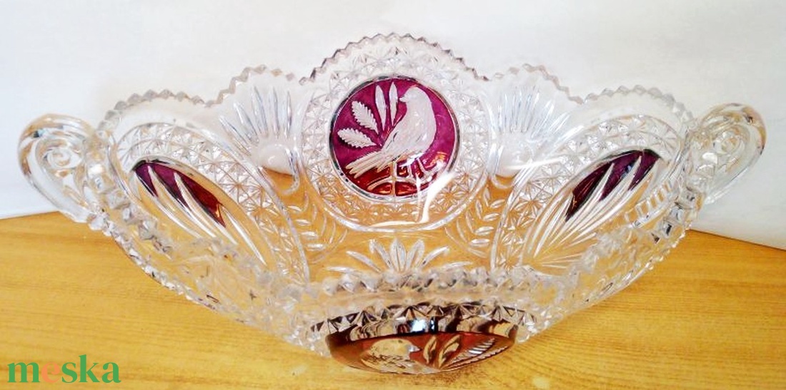 Énekes madaras kristály gyümölcstál, Hofbauer Crystal Co. Bajorország 1950-es évek - otthon & életmód - dekoráció - asztal és polc dekoráció - dekorációs tál, tartó - Meska.hu