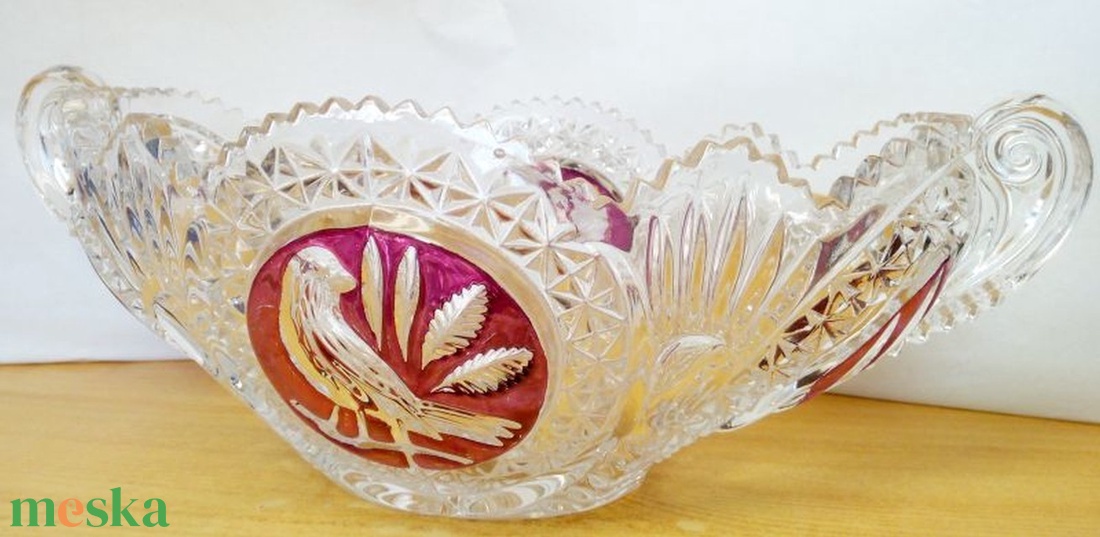 Énekes madaras kristály gyümölcstál, Hofbauer Crystal Co. Bajorország 1950-es évek - otthon & életmód - dekoráció - asztal és polc dekoráció - dekorációs tál, tartó - Meska.hu
