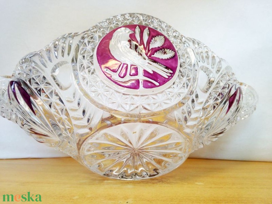 Énekes madaras kristály gyümölcstál, Hofbauer Crystal Co. Bajorország 1950-es évek - otthon & életmód - dekoráció - asztal és polc dekoráció - dekorációs tál, tartó - Meska.hu