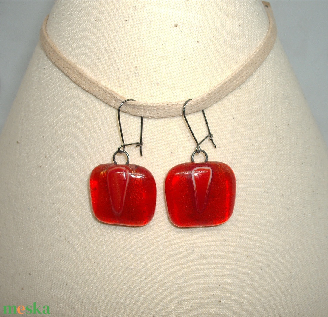 ÜVEG FÜLBEVALÓ, narancs-piros - ékszer - fülbevaló - lógó fülbevaló - Meska.hu