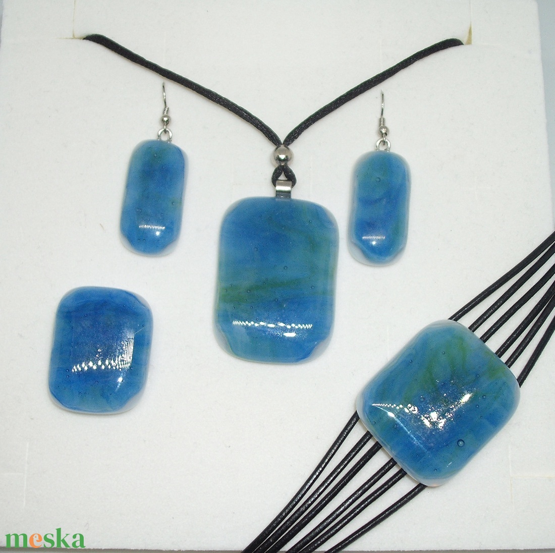 ÜVEGÉKSZER GARNITÚRA, KÉK-ZÖLD - ékszer - ékszerszett - Meska.hu