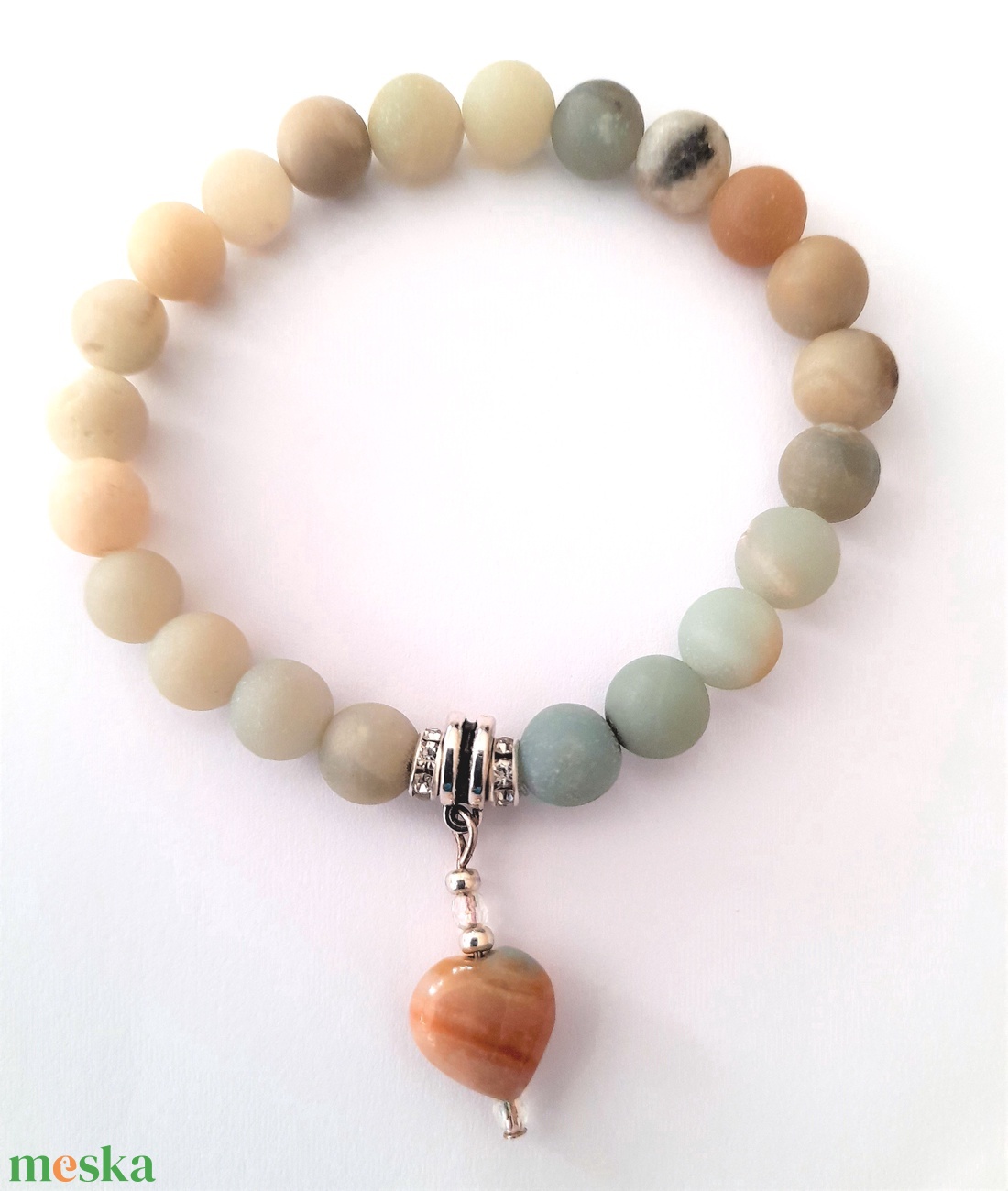 Amazonit ásvány karkötő szív medállal - ékszer - karkötő - karkötő medállal - Meska.hu