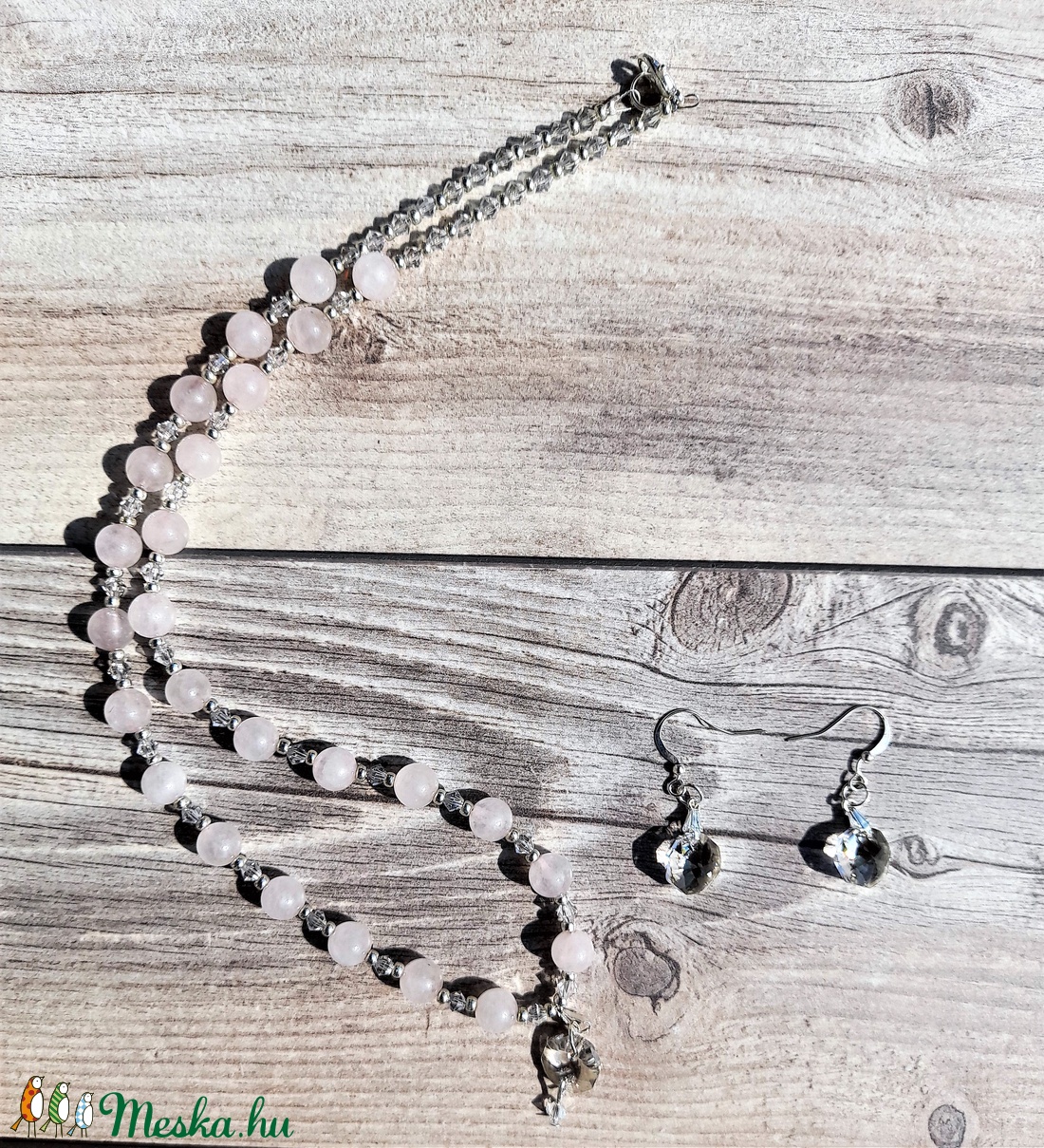 Rózsakvarc - Swarovski gyöngy ékszer szett / féldrága gyöngy nyaklánc és karkötő - ékszer - ékszerszett - Meska.hu Rózsakvarc - Swarovski gyöngy ékszer szett / féldrága gyöngy nyaklánc és karkötő - ékszer - ékszerszett - Meska.hu