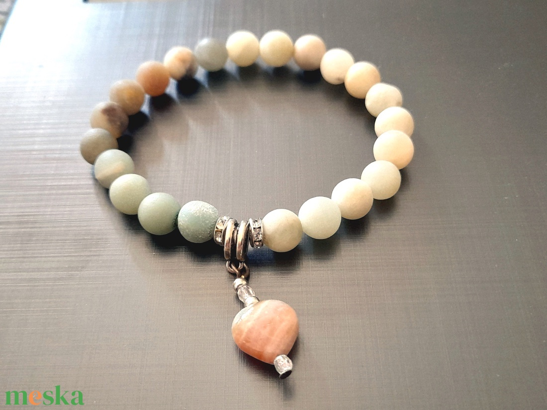 Amazonit ásvány karkötő szív medállal - ékszer - karkötő - karkötő medállal - Meska.hu