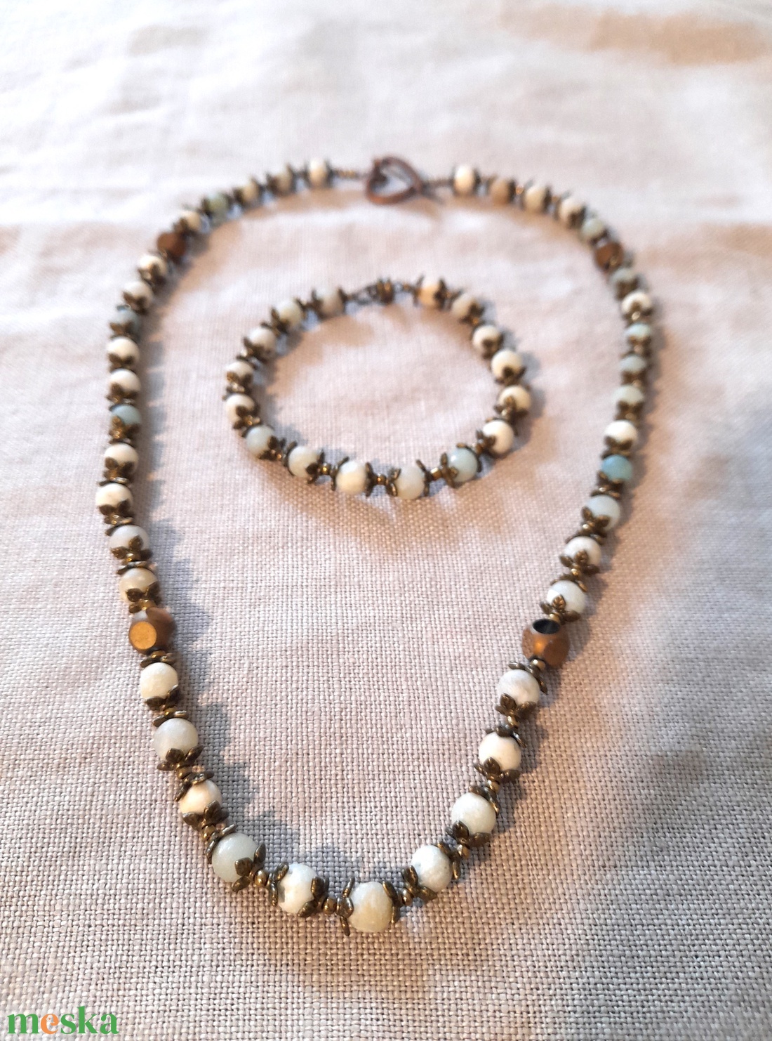 Amazonit ásvány karkötő - nyaklánc szett / Amazonit ásványkarkötő / Amazonit ásványnyaklánc / vintázs hatású ékszerszett - ékszer - ékszerszett - Meska.hu