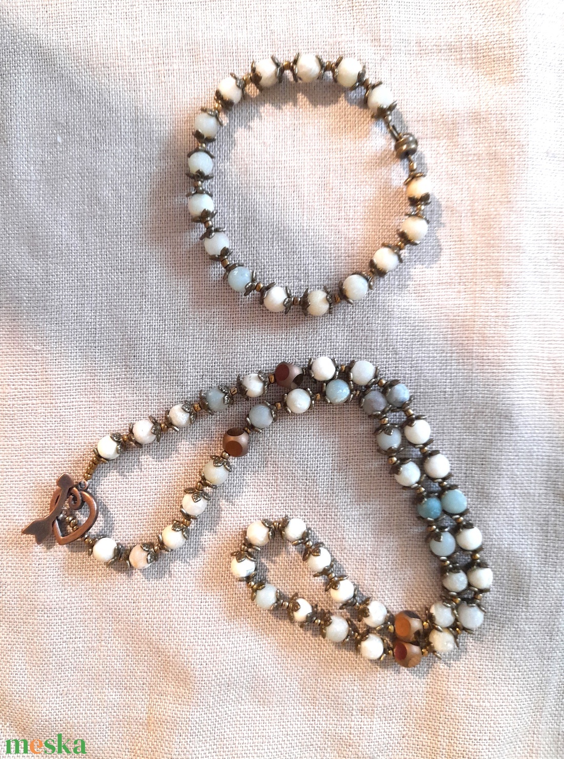 Amazonit ásvány karkötő - nyaklánc szett / Amazonit ásványkarkötő / Amazonit ásványnyaklánc / vintázs hatású ékszerszett - ékszer - ékszerszett - Meska.hu