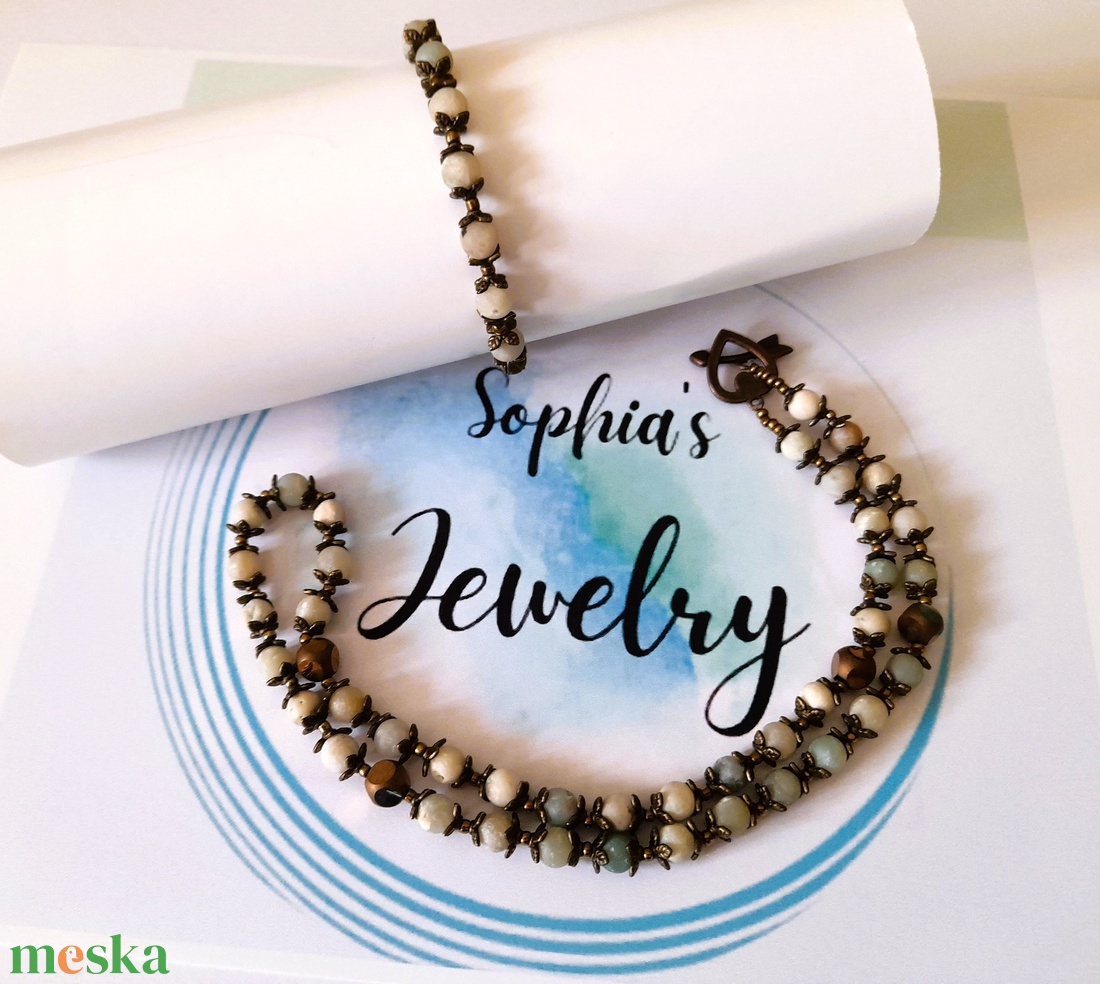 Amazonit ásvány karkötő - nyaklánc szett / Amazonit ásványkarkötő / Amazonit ásványnyaklánc / vintázs hatású ékszerszett - ékszer - ékszerszett - Meska.hu