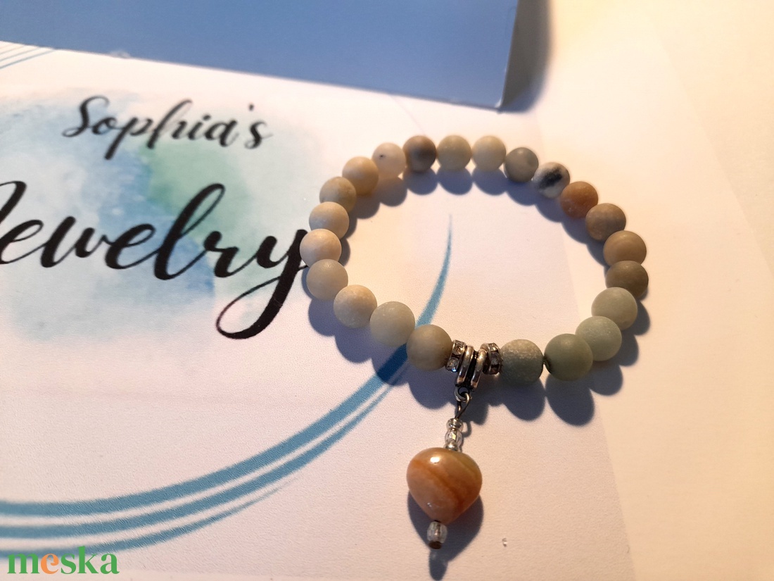 Amazonit ásvány karkötő szív medállal - ékszer - karkötő - karkötő medállal - Meska.hu