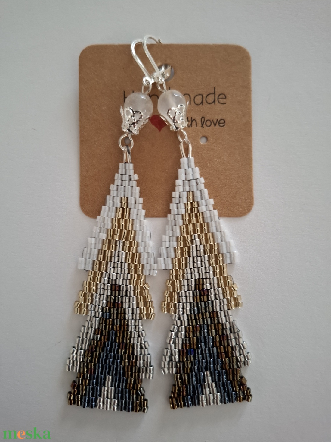 Karácsonyi fülbevaló - fenyőfa / Peyote fülbevaló sterling ezüst akasztóval, jade gyönggyel - ékszer - fülbevaló - lógó fülbevaló - Meska.hu