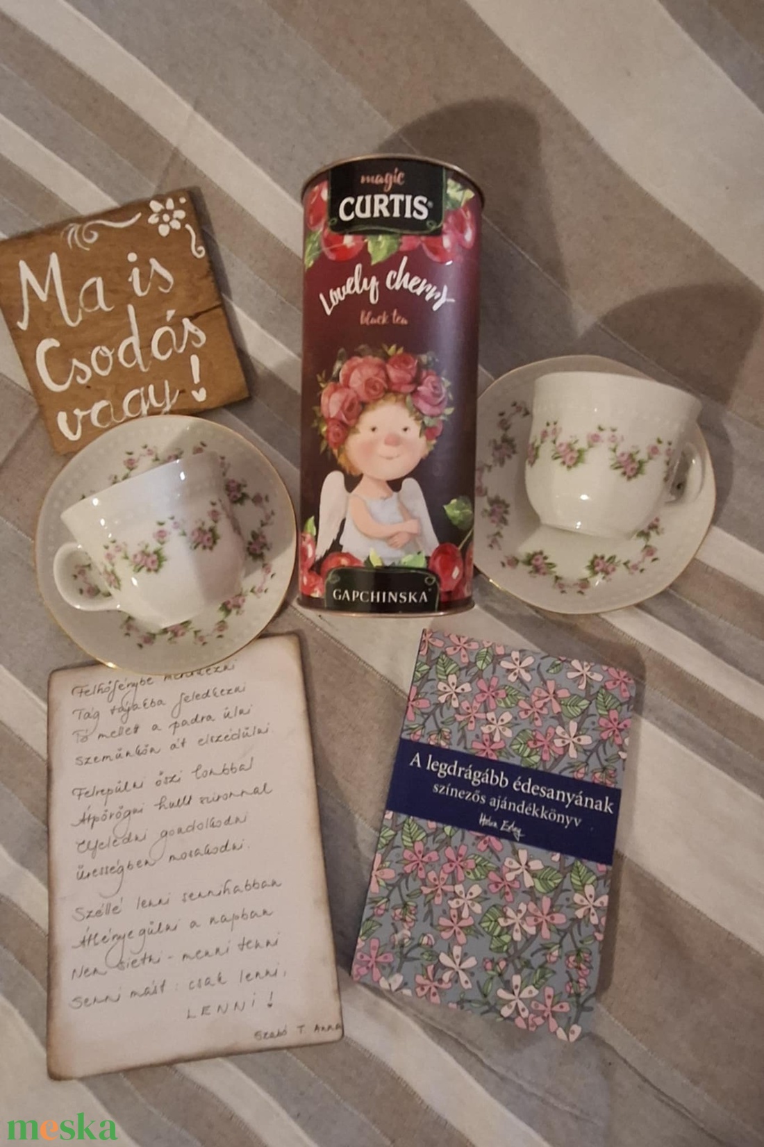 Rózsagirlandos teás kávés porcelánszettes, naplós, színezős ajándékdoboz - otthon & életmód - papír, írószer - ajándékozás kellékei - ajándékzsák, csomagolás - Meska.hu