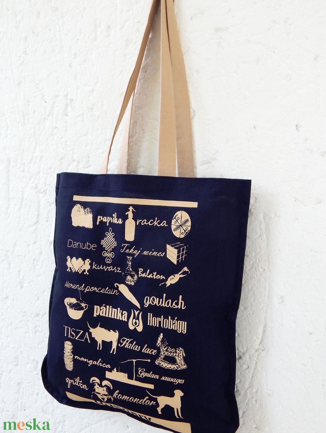 Jelképekszatyor  sötétkékbeige - táska & tok - bevásárlás & shopper táska - shopper, textiltáska, szatyor - Meska.hu