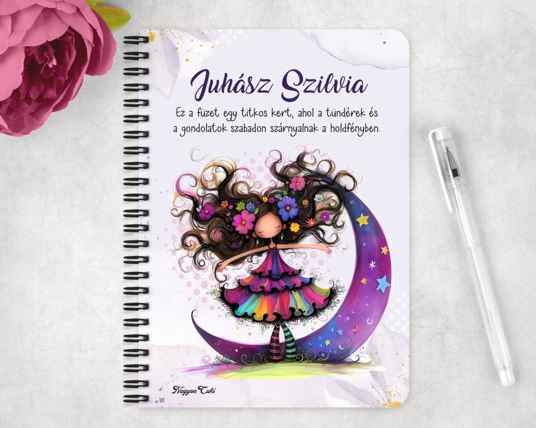 Személyre szabható - Bájos lila virágos tündér és a hold mintás A6-os füzet - otthon & életmód - papír, írószer - jegyzetfüzet & napló - Meska.hu