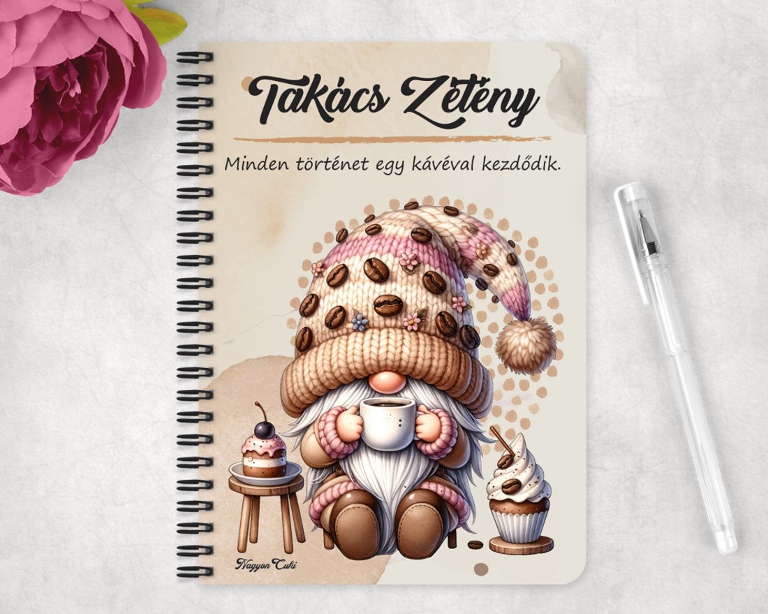 Személyre szabható - Kávés manó sütikével mintás A6-os füzet - otthon & életmód - papír, írószer - jegyzetfüzet & napló - Meska.hu
