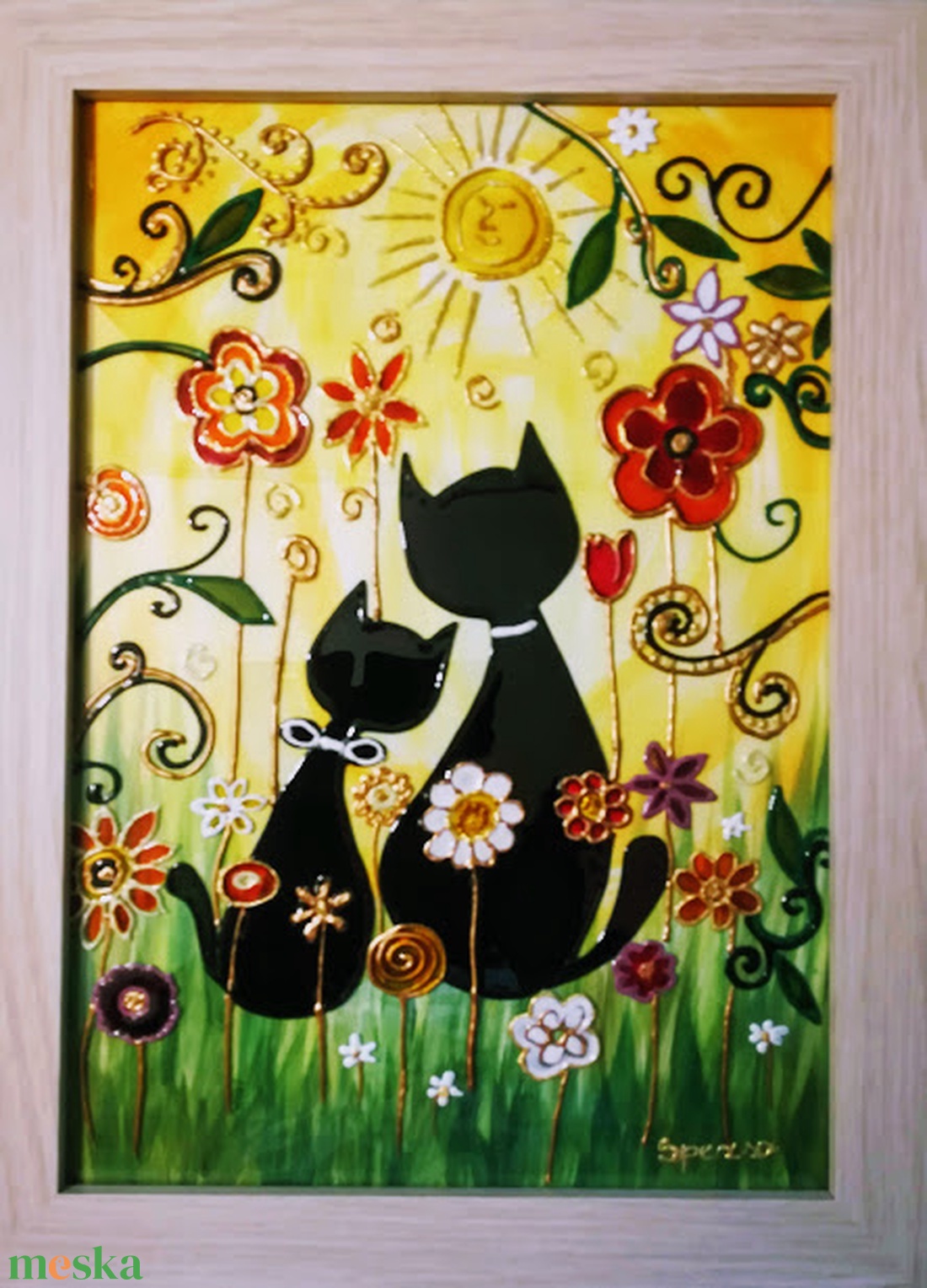   Csacska Macskák. /Tavaszt idéző cicás boldogság/. -Dekorációs falikép, üvegfestmény gyerekeknek. - művészet - festmény - festmény vegyes technika - Meska.hu