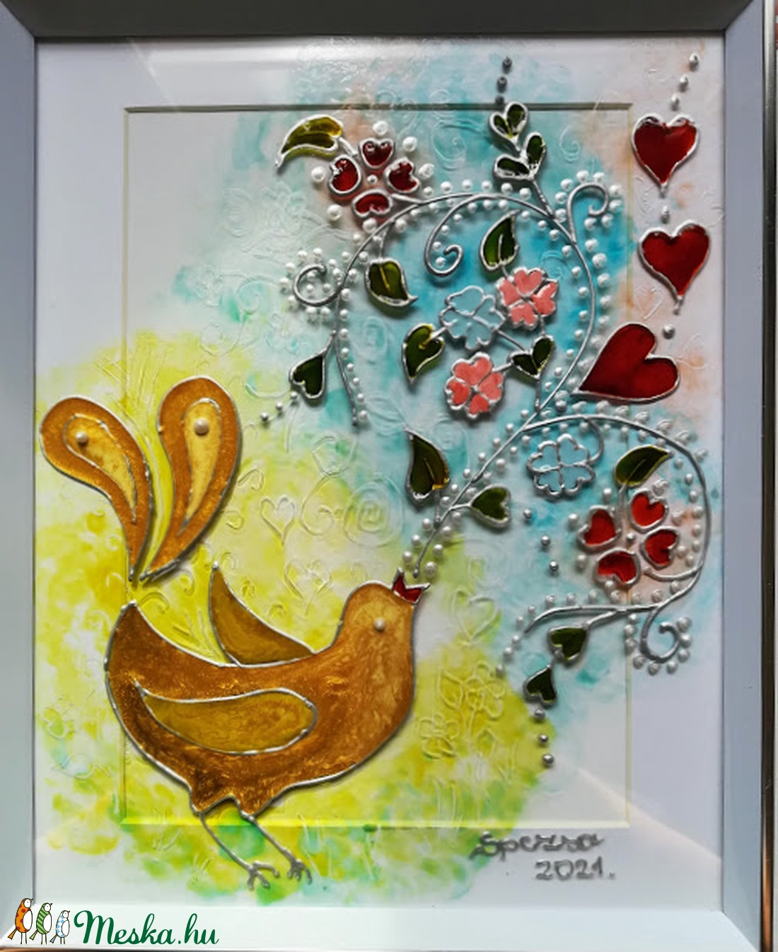 Fülemüle éneke. Tavaszi madárás dekorációs falikép. Népies, magyaros, hagyományőrző üvegfestmény. - otthon & életmód - dekoráció - kép & falikép - Meska.hu