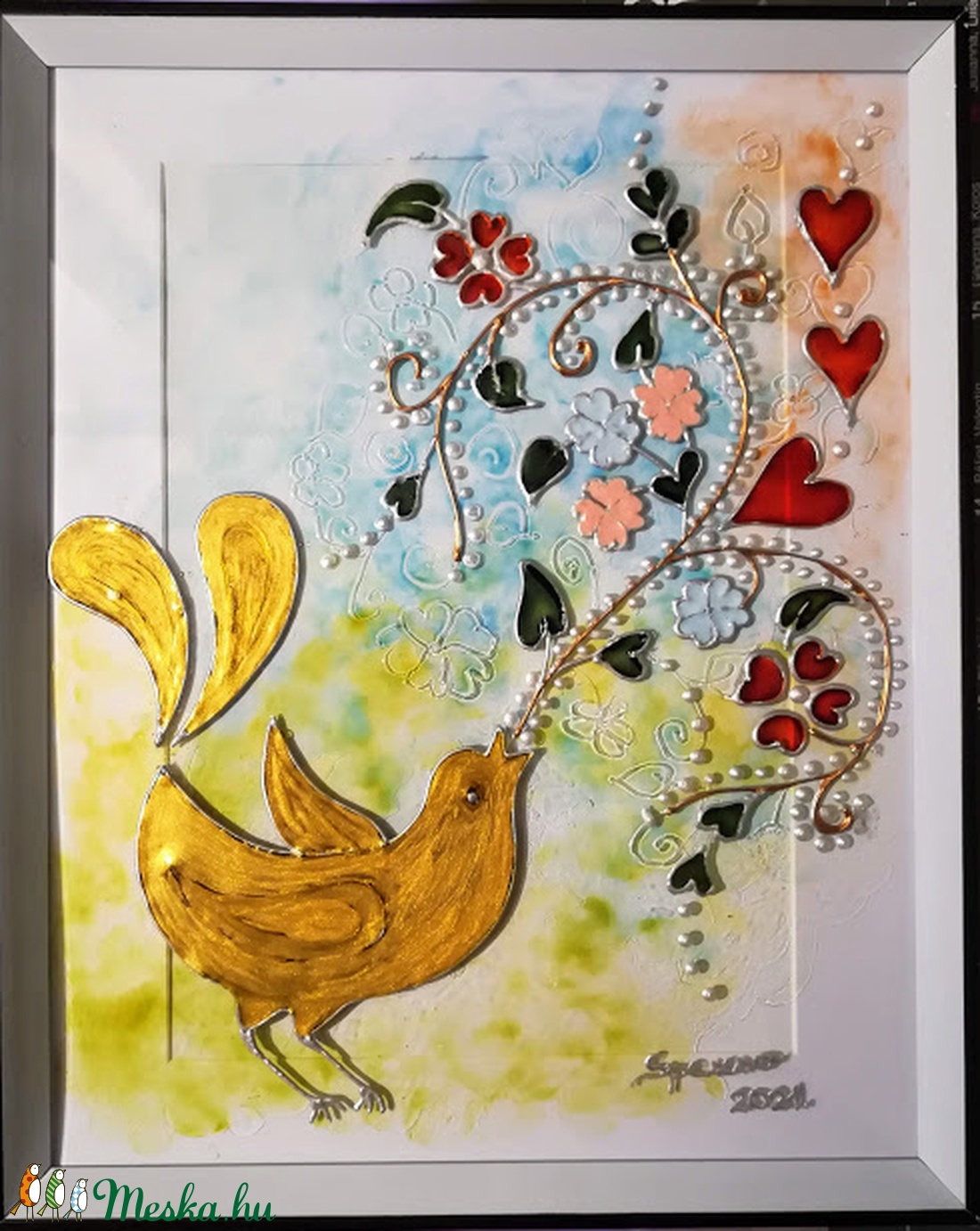 Fülemüle éneke. Tavaszi madárás dekorációs falikép. Népies, magyaros, hagyományőrző üvegfestmény. - otthon & életmód - dekoráció - kép & falikép - Meska.hu