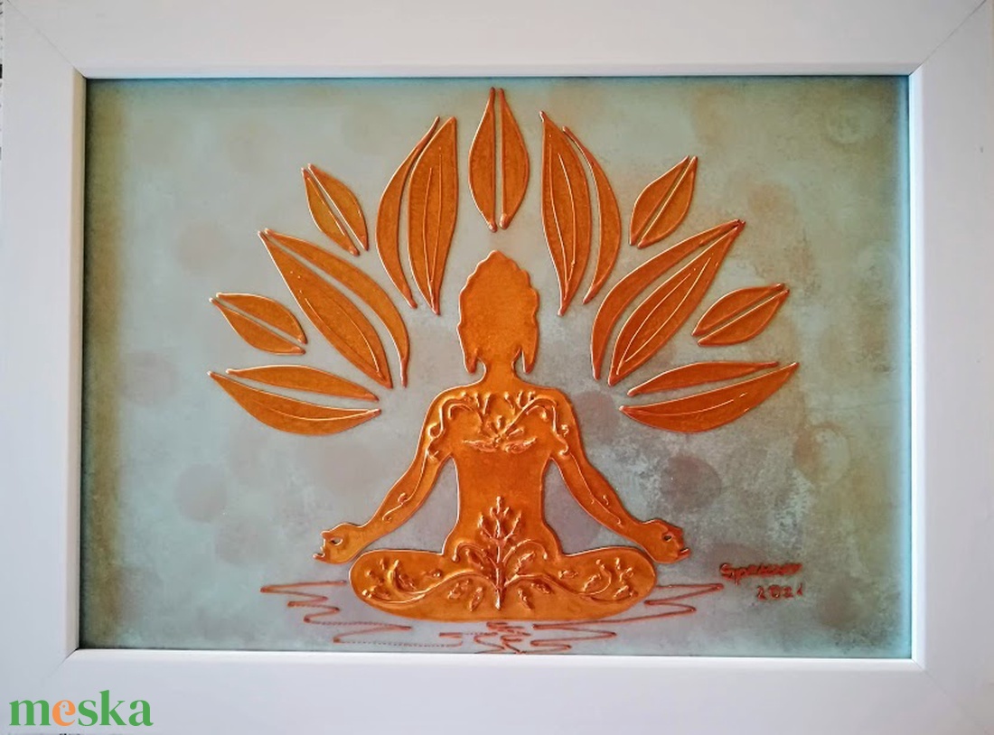 Arany Buddha meditációhoz mandala formában. Szerencse hozó Feng shui dekorációs falikép, üvegfestmény. - művészet - festmény - festmény vegyes technika - Meska.hu