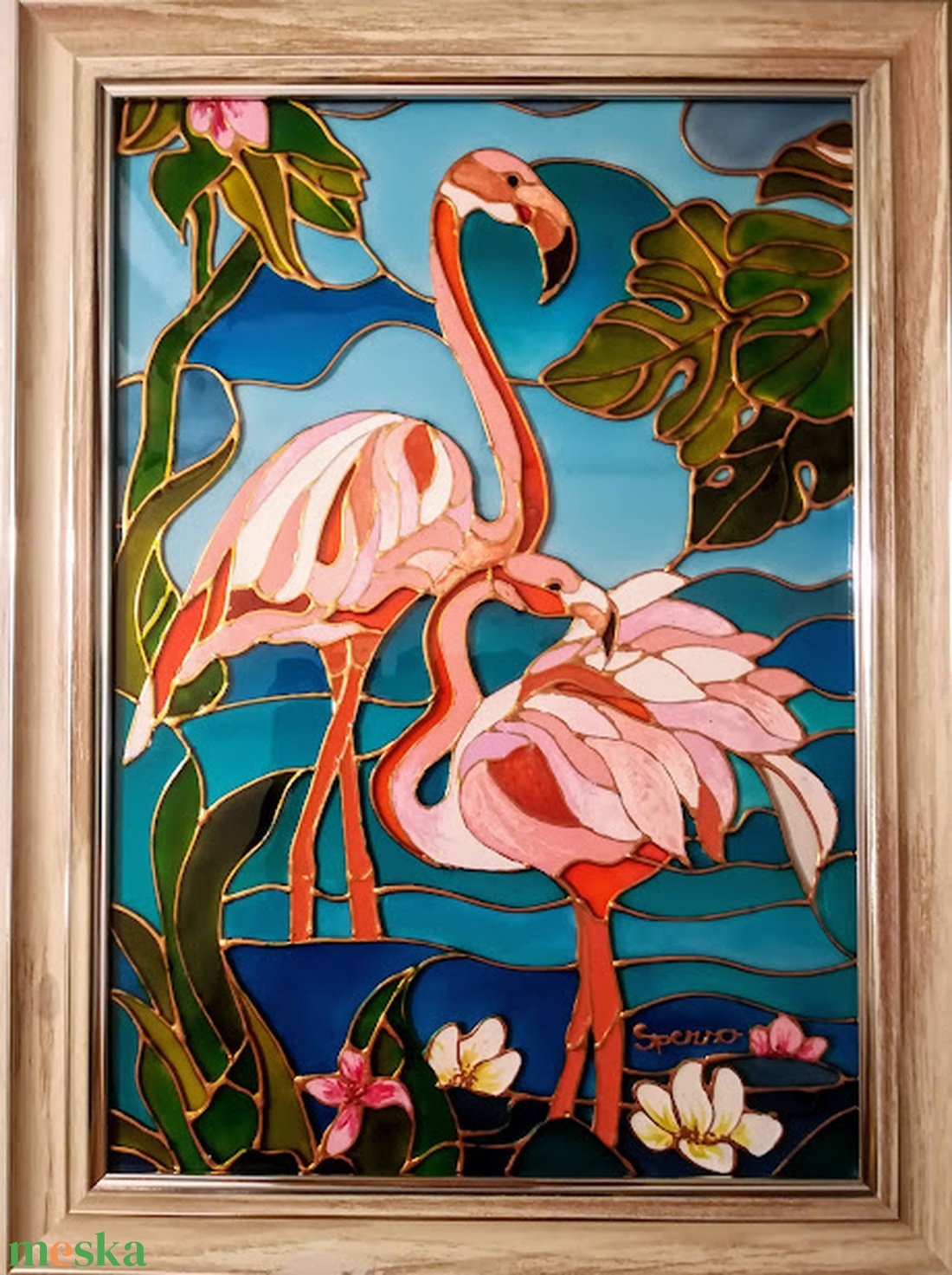 Flamingók. Színpompás, romantikus, dekorációs falikép, üvegfestmény. - művészet - festmény - festmény vegyes technika - Meska.hu