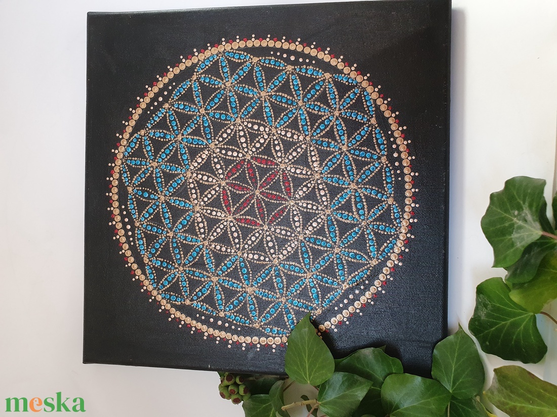 Fekete alapon kék, piros, réz színű mandala, élet virága motívummal - otthon & életmód - dekoráció - spiritualitás - mandala - Meska.hu