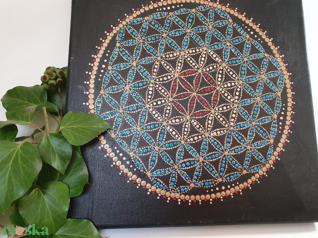 Fekete alapon kék, piros, réz színű mandala, élet virága motívummal - otthon & életmód - dekoráció - spiritualitás - mandala - Meska.hu