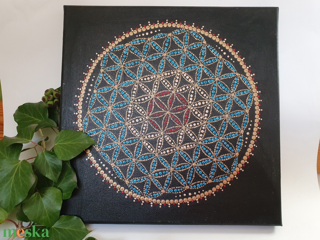 Fekete alapon kék, piros, réz színű mandala, élet virága motívummal - otthon & életmód - dekoráció - spiritualitás - mandala - Meska.hu