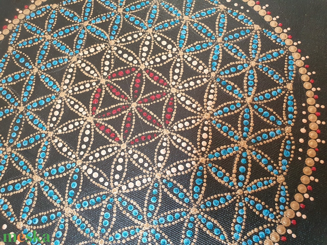 Fekete alapon kék, piros, réz színű mandala, élet virága motívummal - otthon & életmód - dekoráció - spiritualitás - mandala - Meska.hu