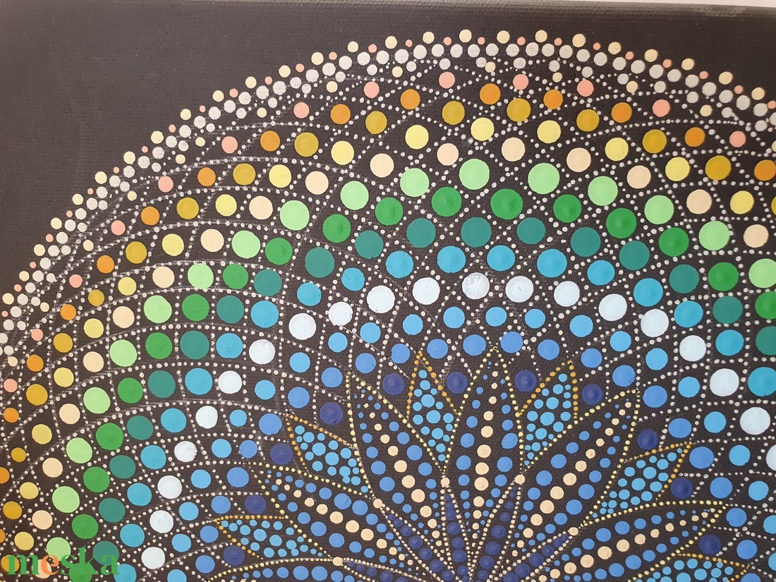 Fekete alapon zöld, kék és sárga színű mandala - otthon & életmód - dekoráció - spiritualitás - mandala - Meska.hu