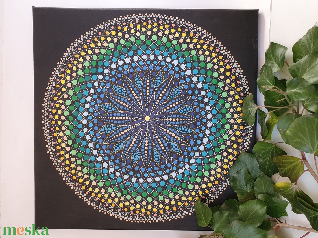 Fekete alapon zöld, kék és sárga színű mandala - otthon & életmód - dekoráció - spiritualitás - mandala - Meska.hu
