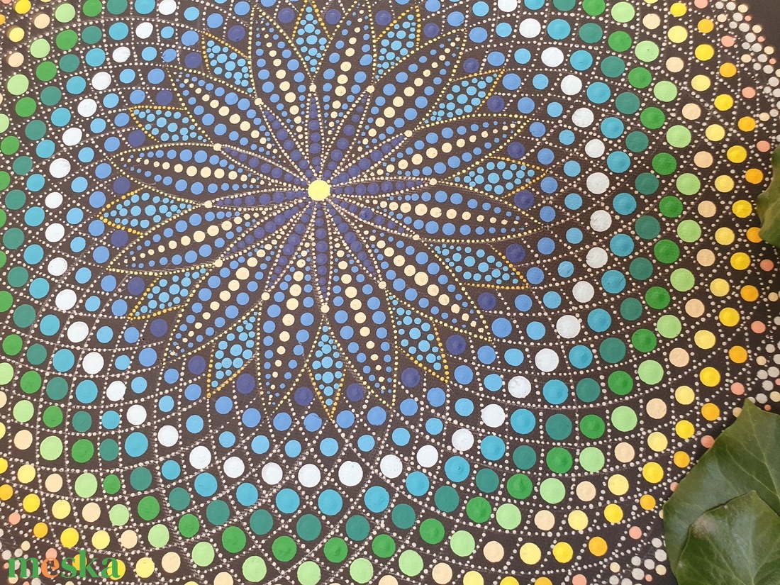 Fekete alapon zöld, kék és sárga színű mandala - otthon & életmód - dekoráció - spiritualitás - mandala - Meska.hu