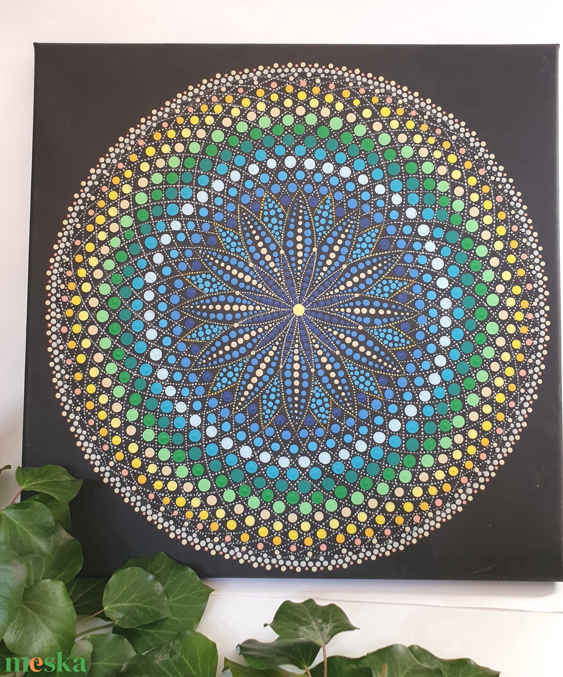 Fekete alapon zöld, kék és sárga színű mandala - otthon & életmód - dekoráció - spiritualitás - mandala - Meska.hu
