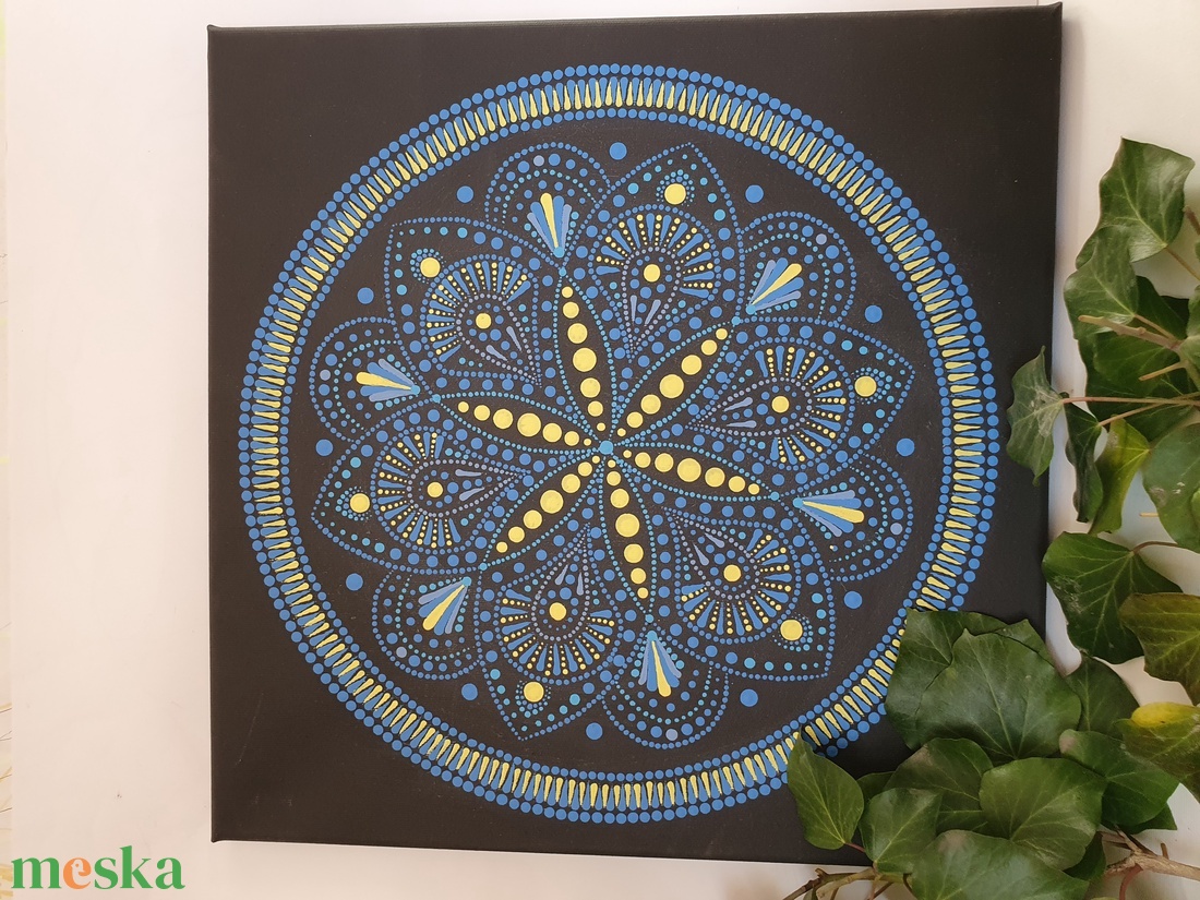 Fekete alapon kék és sárga színű mandala - otthon & életmód - dekoráció - spiritualitás - mandala - Meska.hu