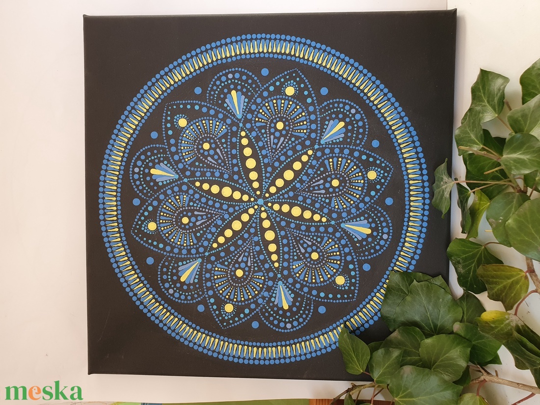 Fekete alapon kék és sárga színű mandala - otthon & életmód - dekoráció - spiritualitás - mandala - Meska.hu