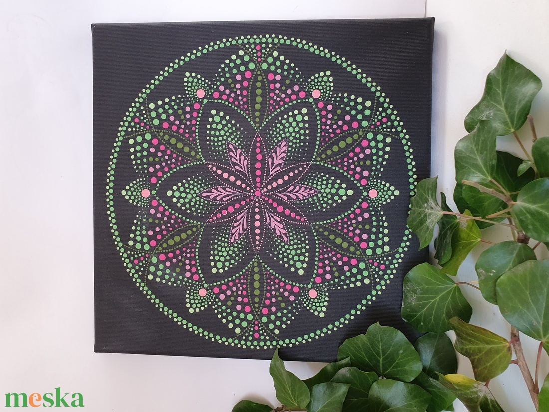 Fekete alapon zöld és rózsaszín színű mandala - otthon & életmód - dekoráció - spiritualitás - mandala - Meska.hu