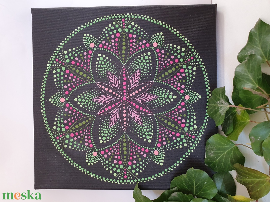 Fekete alapon zöld és rózsaszín színű mandala - otthon & életmód - dekoráció - spiritualitás - mandala - Meska.hu