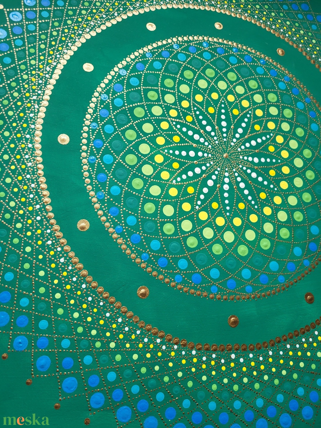 Zöld alapon fehér,sárga, kék és rézarany színű mandala - otthon & életmód - dekoráció - spiritualitás - mandala - Meska.hu Zöld alapon fehér,sárga, kék és rézarany színű mandala - otthon & életmód - dekoráció - spiritualitás - mandala - Meska.hu