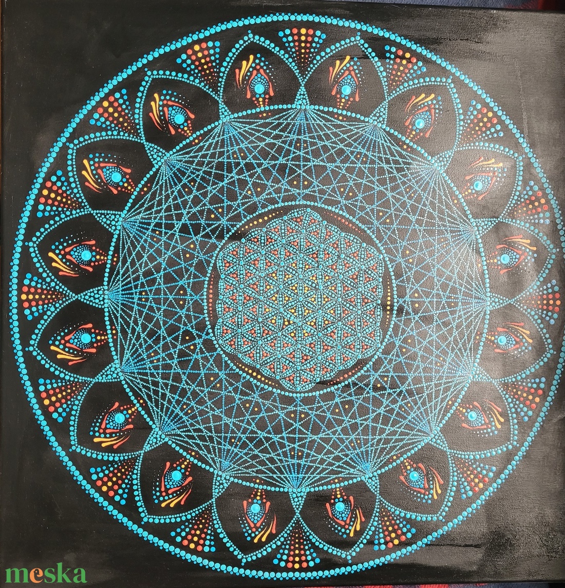 Fekete alapon kék, narancs, piros színű mandala - művészet - festmény - akril - Meska.hu Fekete alapon kék, narancs, piros színű mandala - művészet - festmény - akril - Meska.hu