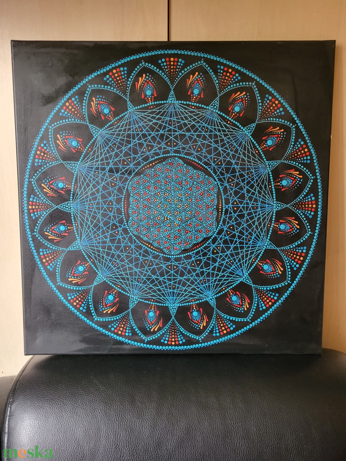 Fekete alapon kék, narancs, piros színű mandala - művészet - festmény - akril - Meska.hu Fekete alapon kék, narancs, piros színű mandala - művészet - festmény - akril - Meska.hu
