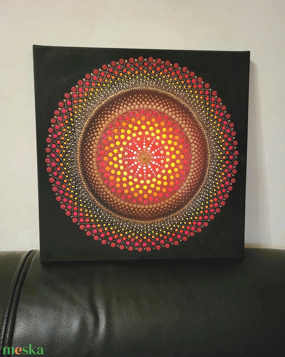 Fekete alapon fehér,sárga, piros és réz színű mandala - otthon & életmód - dekoráció - spiritualitás - mandala - Meska.hu
