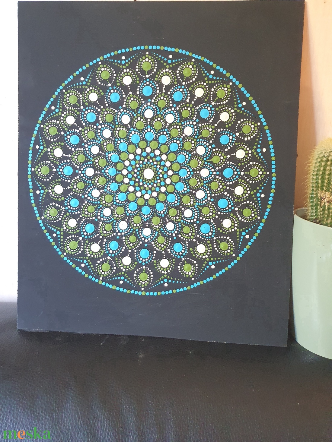 Fekete alapon oliva, kék, fehér mandala  - otthon & életmód - dekoráció - spiritualitás - mandala - Meska.hu