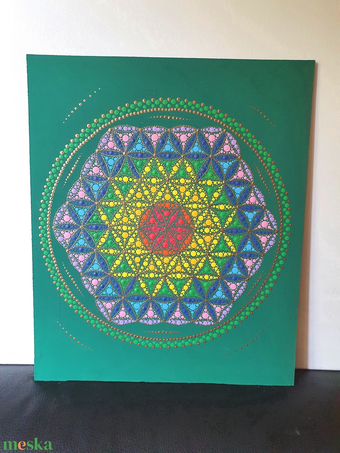 Zöld alapon életvirága mandala csakra színekkel - otthon & életmód - dekoráció - spiritualitás - mandala - Meska.hu